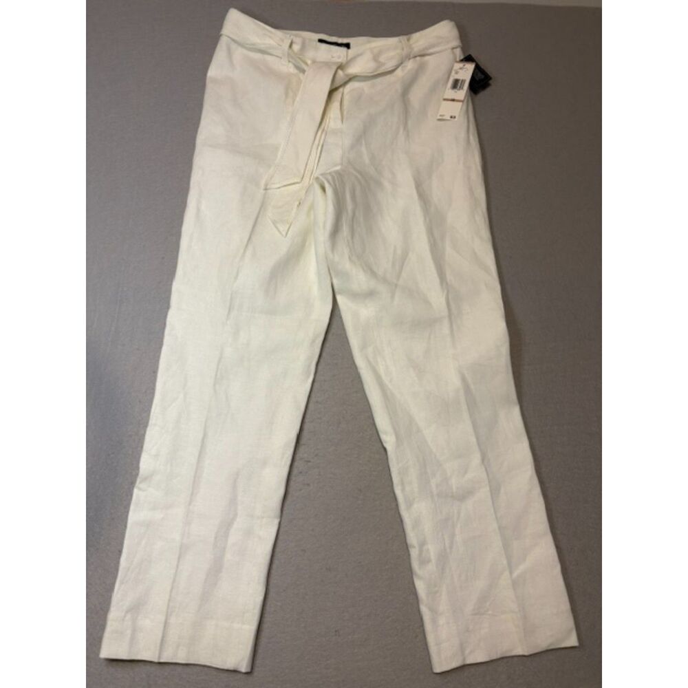 Jones New York Signature White 100% Linen Pants Womens 12 Lined Hemstitch Belt